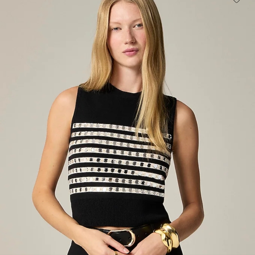 J Crew Embellished Sweater Shell Tank Top NWT CG794 Black Cream Sequins